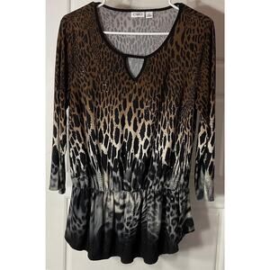 Cato Animal Print Elastic Waist Keyhole Neck Sequin Accent Top M